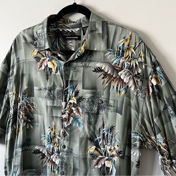 Pierre Cardin Men’s Olive Green Short Sleeve Button Down Tropical Shirt Large - Picture 4 of 7